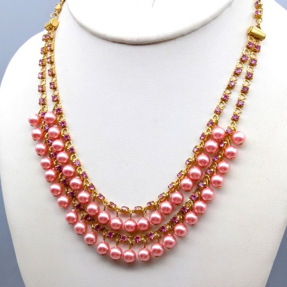 All You Need is Love Coquette Necklace, Pink Faux Pearls on Heart Links Double - Picture 2 of 4